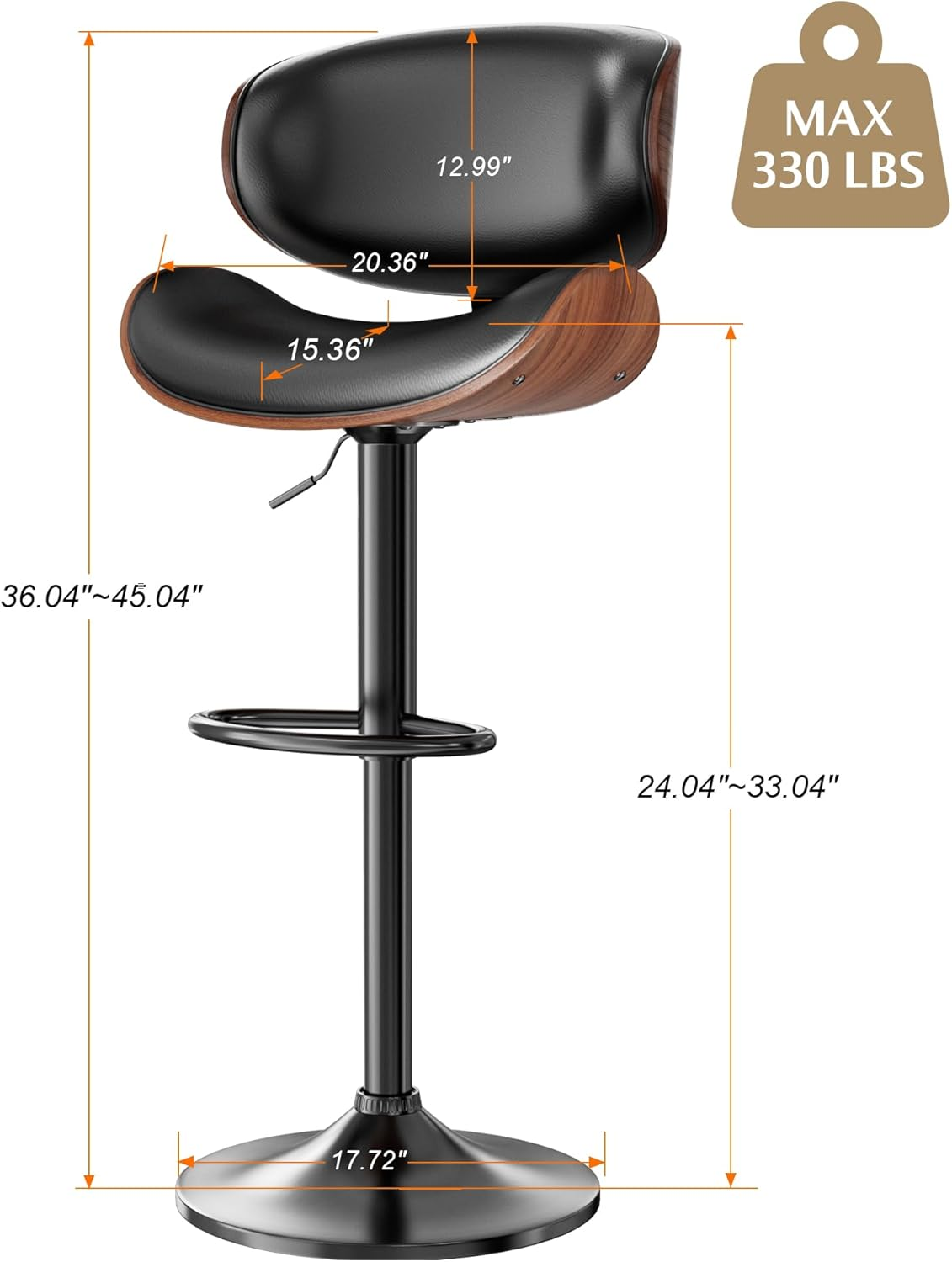 Adjustable Mid-Century Modern Counter Height Bar Stool PU Leather Upholstered for Dining Kitchen Island and Bar Back