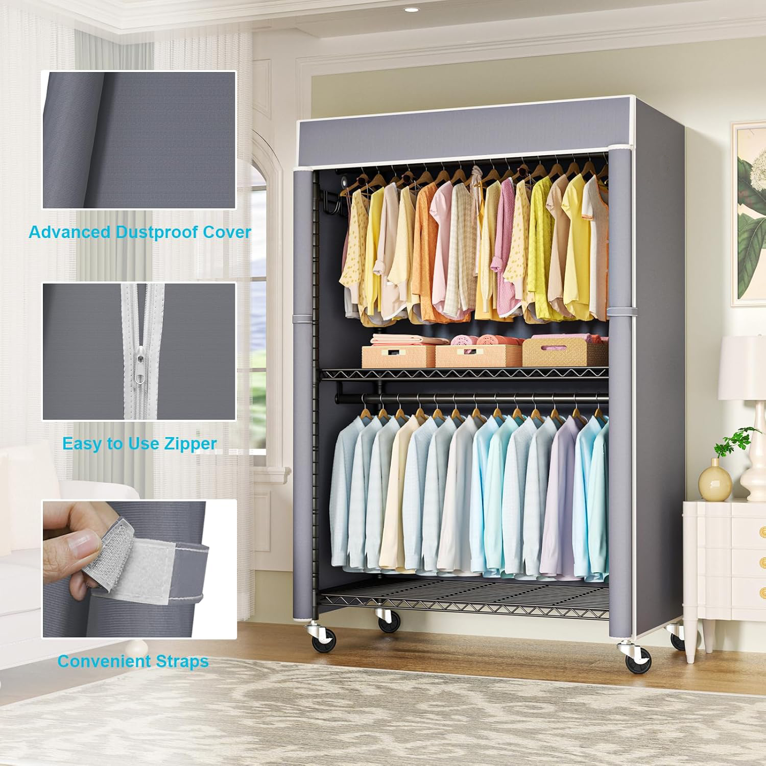 Portable Modern Steel 100% Polyester Dustproof Wardrobe Assembled Folding Multifunctional Bedroom Bathroom Living Room Clothing