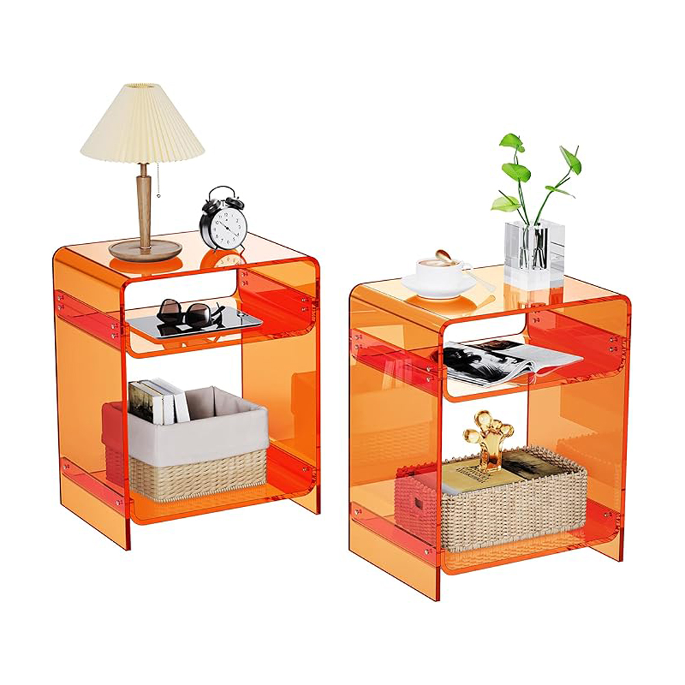 Set of 2 Modern Acrylic End Table Record Player Table with Storage Shelf Clear Side Table Nightstand Living Room Furniture