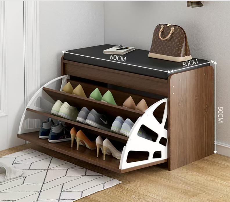 Hanyee 2026 Modern Decorative Bamboo Leather Shoe Storage Bench Simple Style Entrance Area Shoe Cabinet Home Furniture