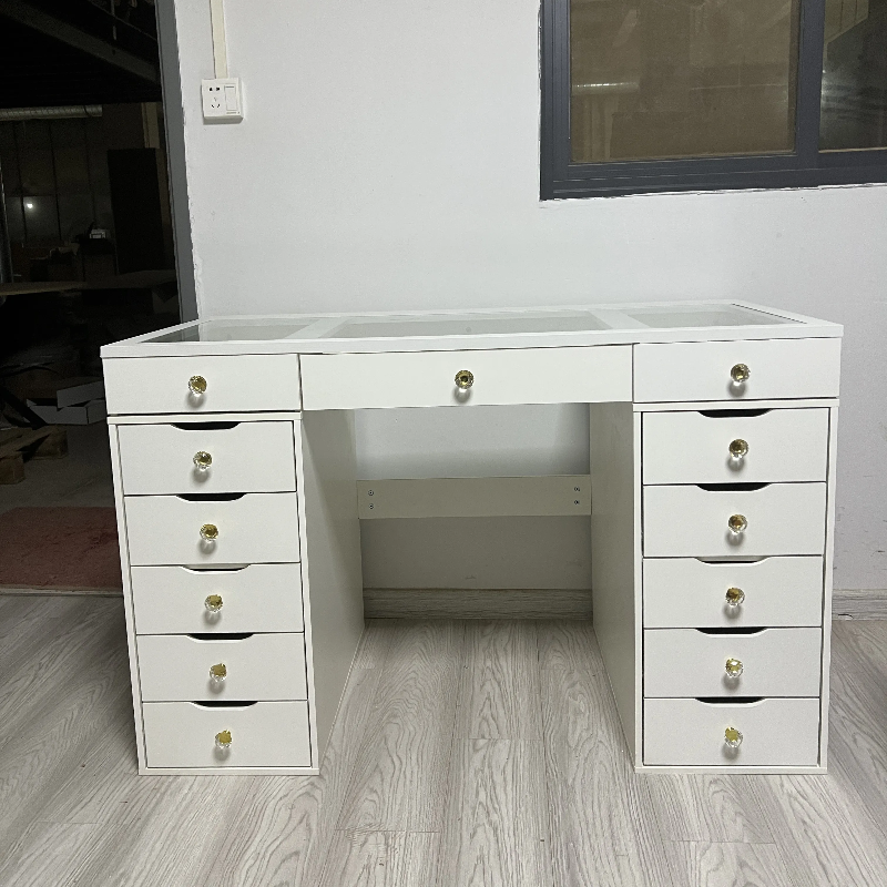 Modern Luxury Design Furniture Bedroom Vanity with Mirror and LED Lights Transparent Glass Tabletop Makeup Dressing Table