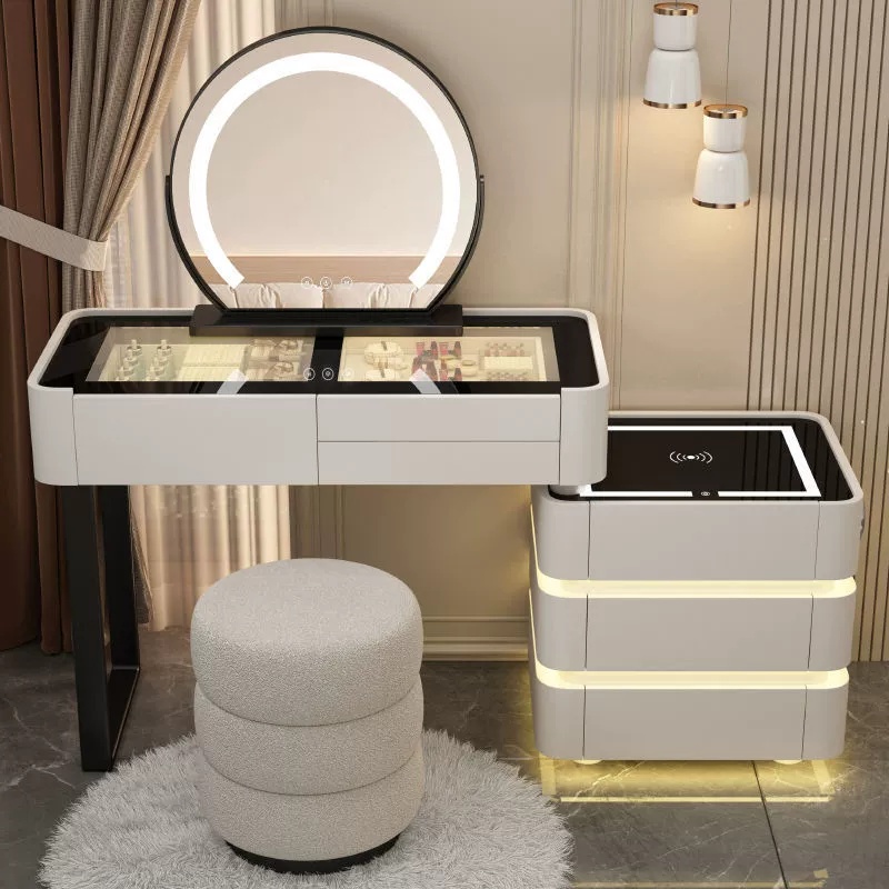 Hot Modern Lighted Adjustable Extendable Bedroom Vanity Makeup Dresser with 3 Colors LED Mirror Smart Dressing Table Glass Top
