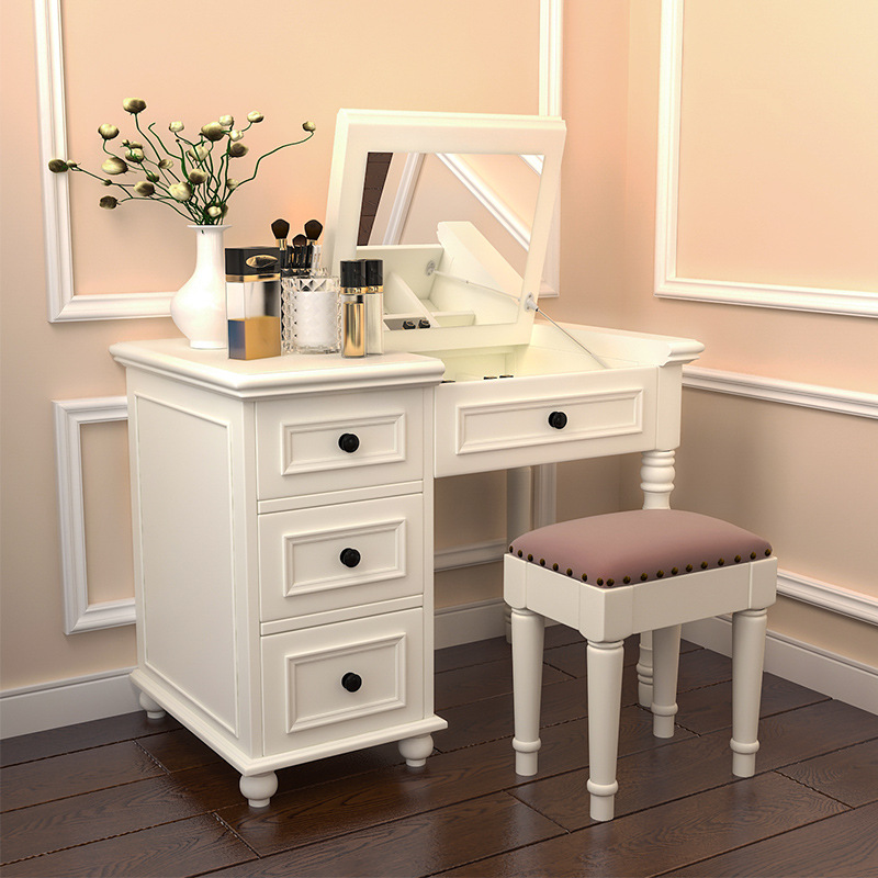 Big Round Mirror Bedroom Make up Table Luxury Modern Dressing Table Leather Dressing Vanity Table with Drawer