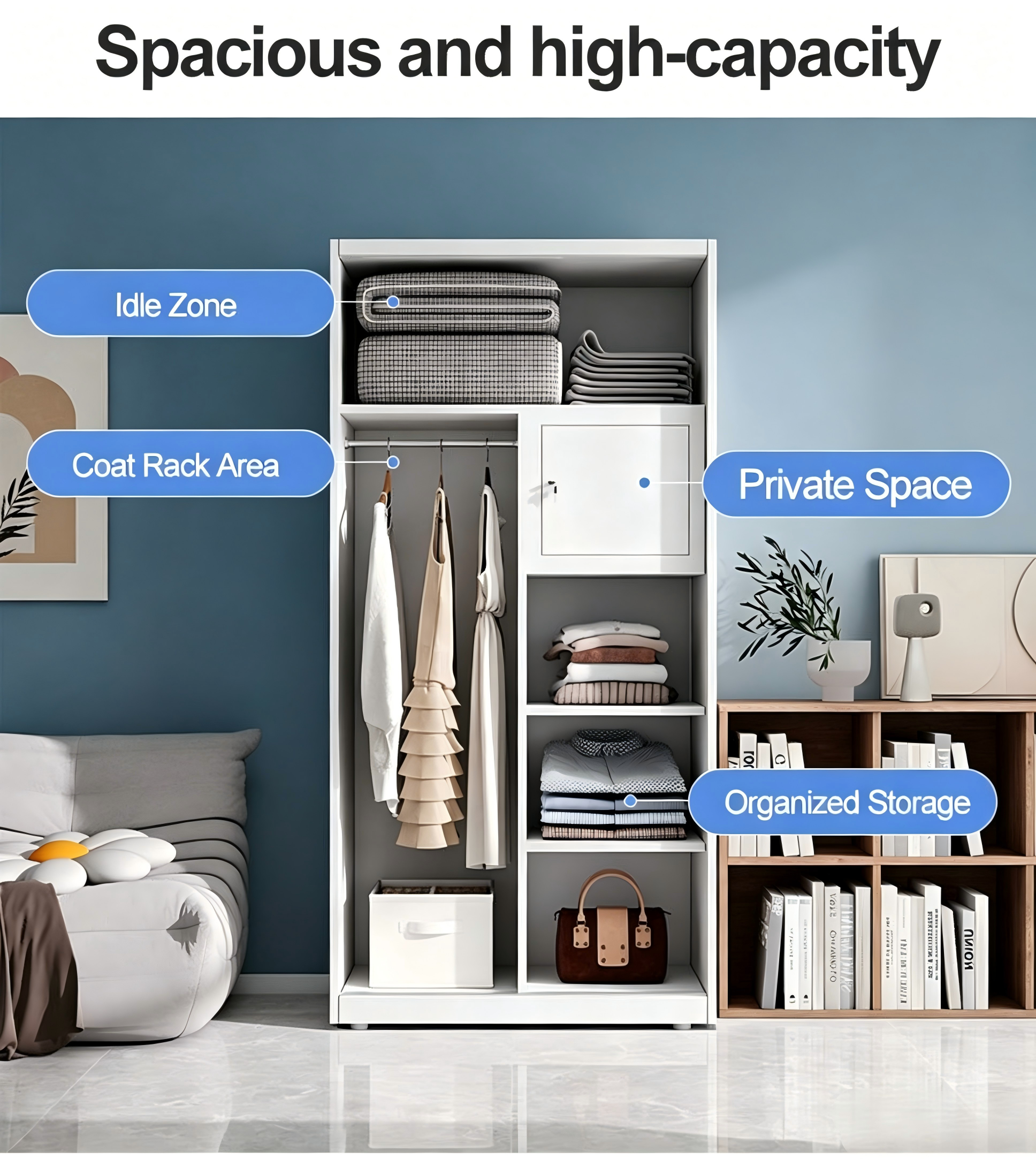 Metal Wardrobe for Clothes Modern 3-Door Sliding Wardrobe with Central Mirror for Bedroom Organization