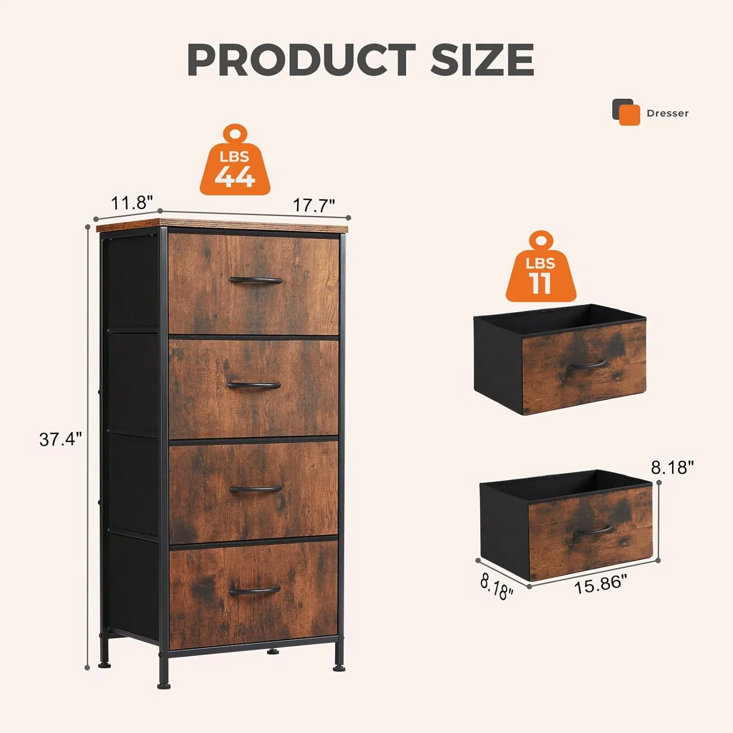 Dresser for Bedroom with 4 Storage Drawers Skinny Fabric Storage Chest of Drawers with Metal Frame Wooden Top for Living Room