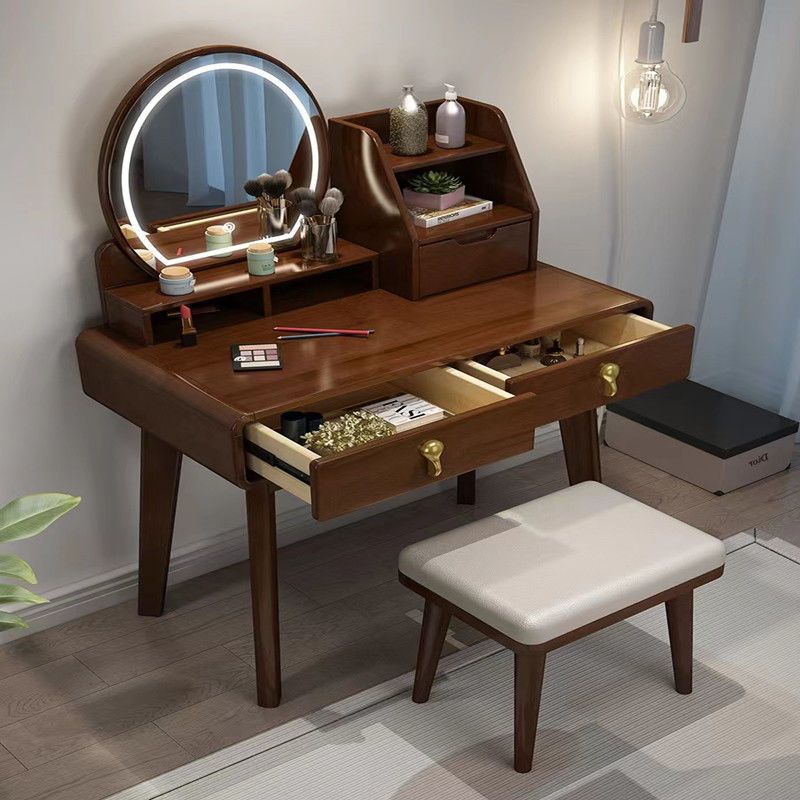 Big Round Mirror Bedroom Make up Table Luxury Modern Dressing Table Leather Dressing Vanity Table with Drawer