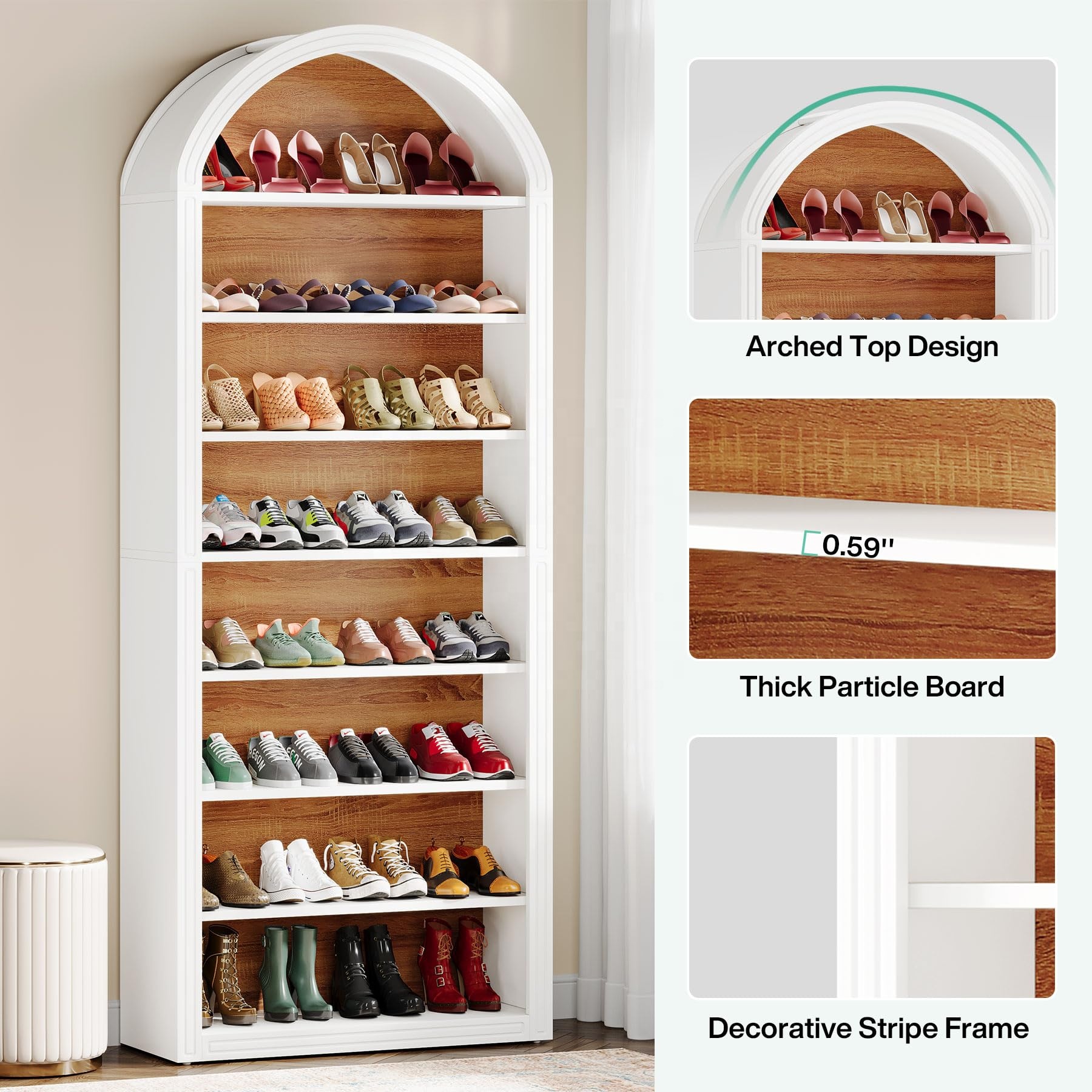Tall Arched 8-Tier Farmhouse Modern Wooden Shoe Storage Cabinet Freestanding White Convertible Home Furniture for Living Room