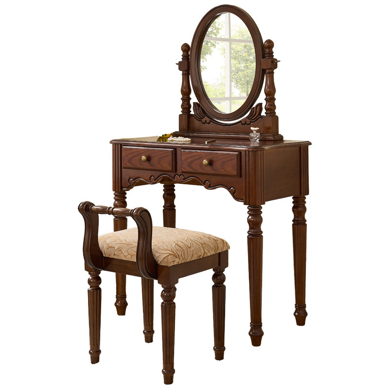 Vintage Solid Wood Vanity Dressing Table Set, Adjustable Oval Swivel Mirror Two Drawer Storage Carved Wood Makeup Desk Retro