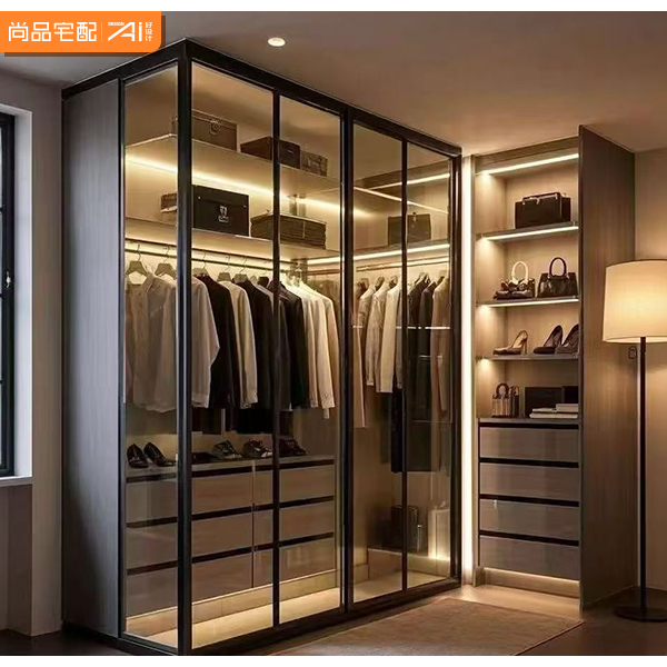 Luxury Contemporary Metal Glass Wardrobe with Backlit LED Strip Extendable Customizable Size and Material