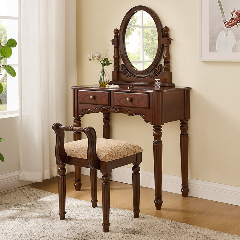 Vintage Solid Wood Vanity Dressing Table Set, Adjustable Oval Swivel Mirror Two Drawer Storage Carved Wood Makeup Desk Retro