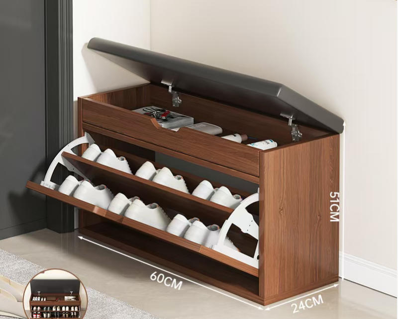 Hanyee 2026 Modern Decorative Bamboo Leather Shoe Storage Bench Simple Style Entrance Area Shoe Cabinet Home Furniture