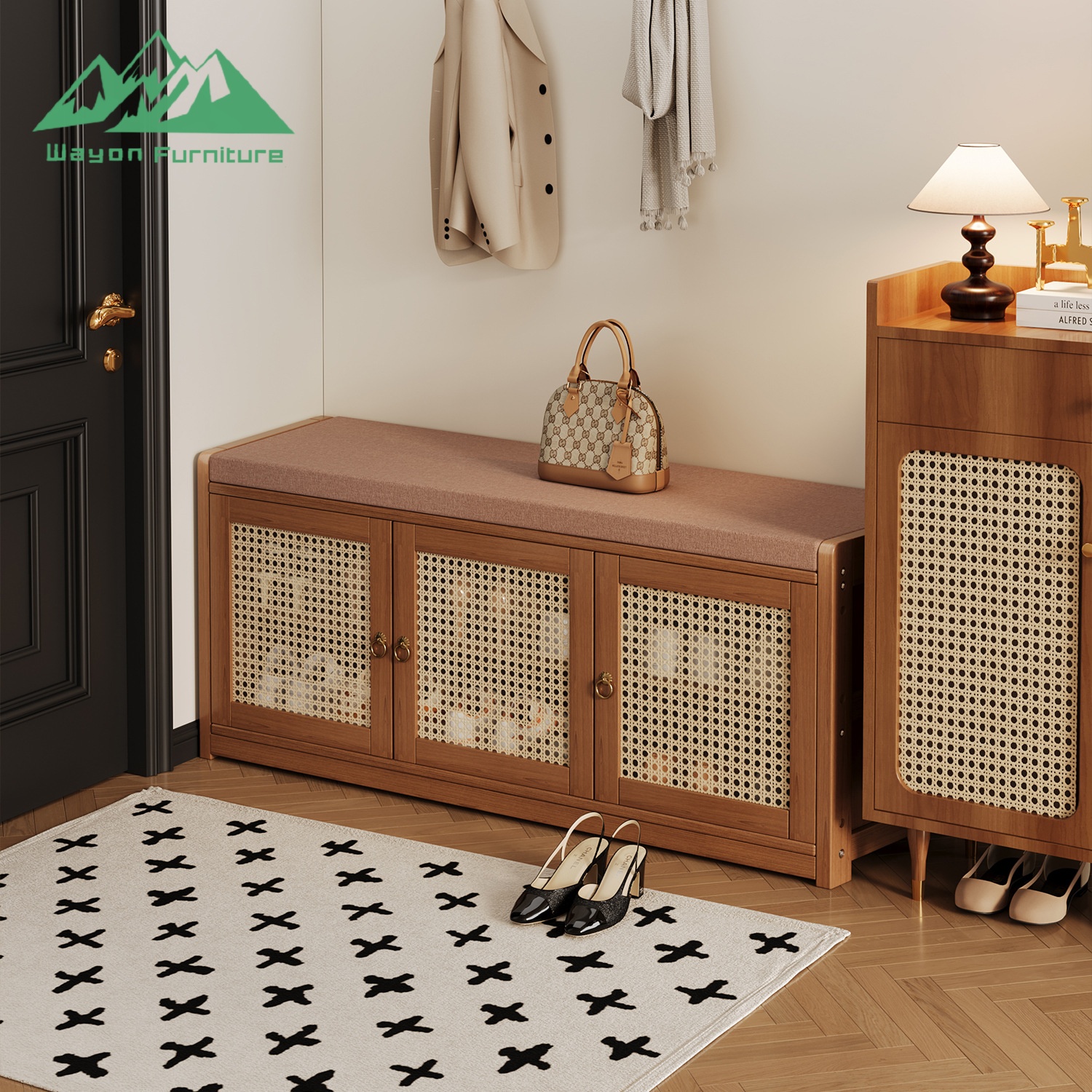 Wayon Modern Bamboo Shoe Cabinet with Padded Bench Seat Louvered Door Organizer for Entryway