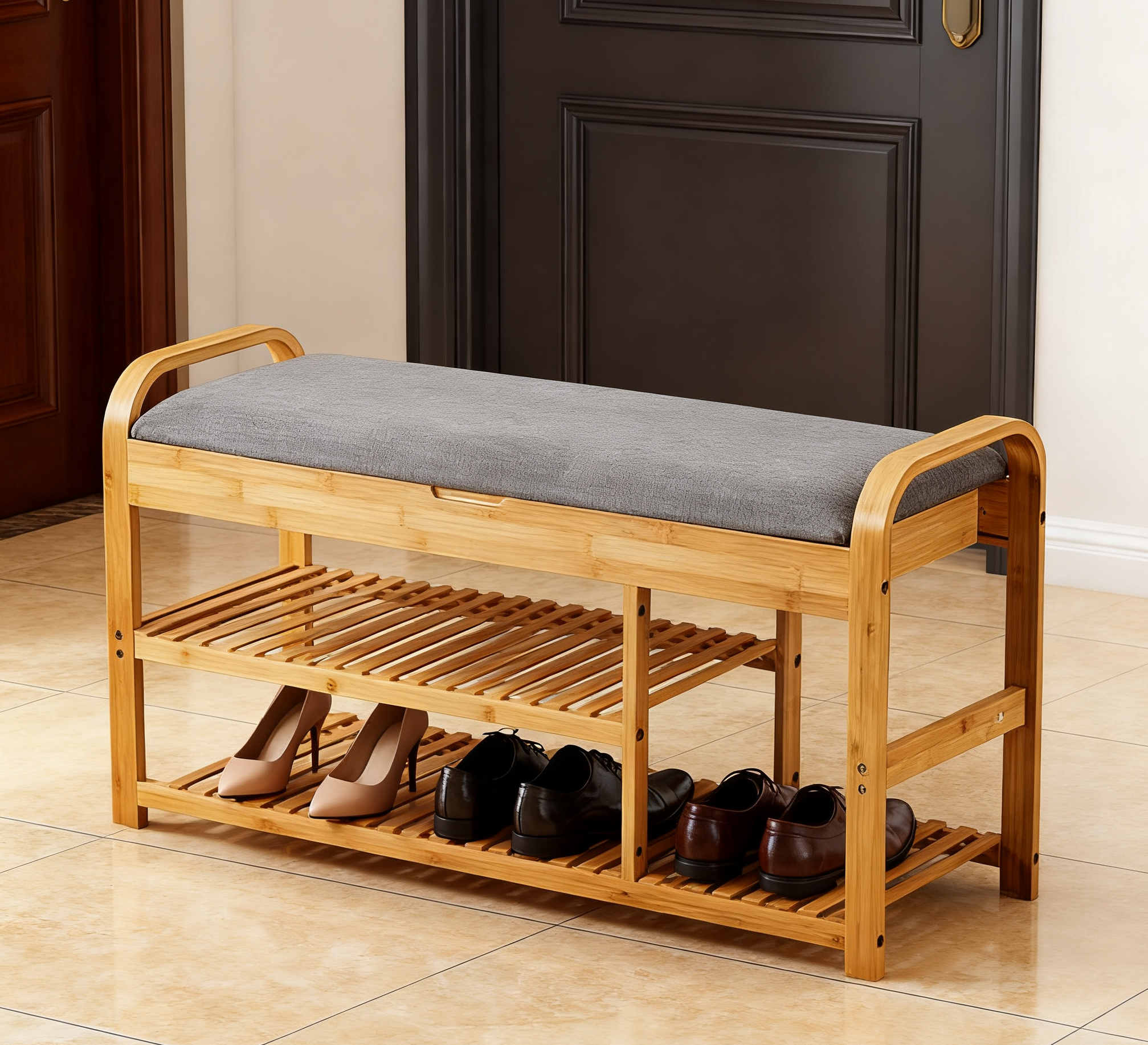 Modern Bamboo Shoe Rack Bench with Shoe Storage 3 Shelves Floor Mount up to 11 Pair Entryway Living Room Furniture