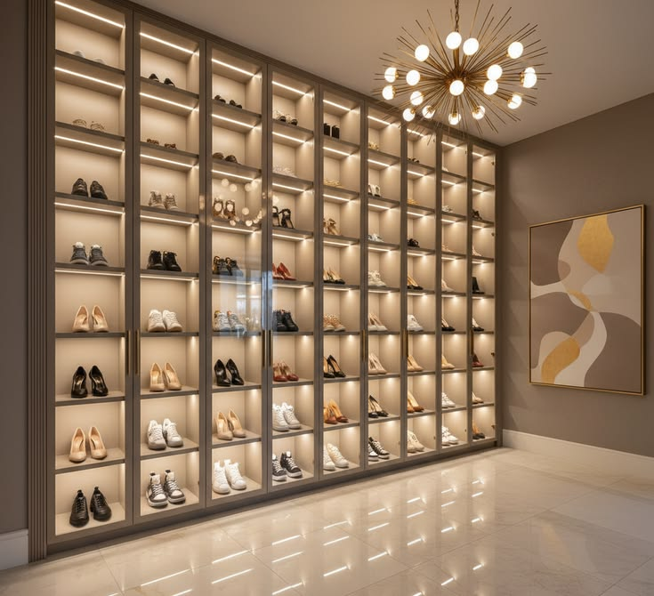 Modern Luxury Full Wall Shoe Cabinet with Tempered Glass Doors LED Sensor Light Large Capacity Wardrobe for Villa