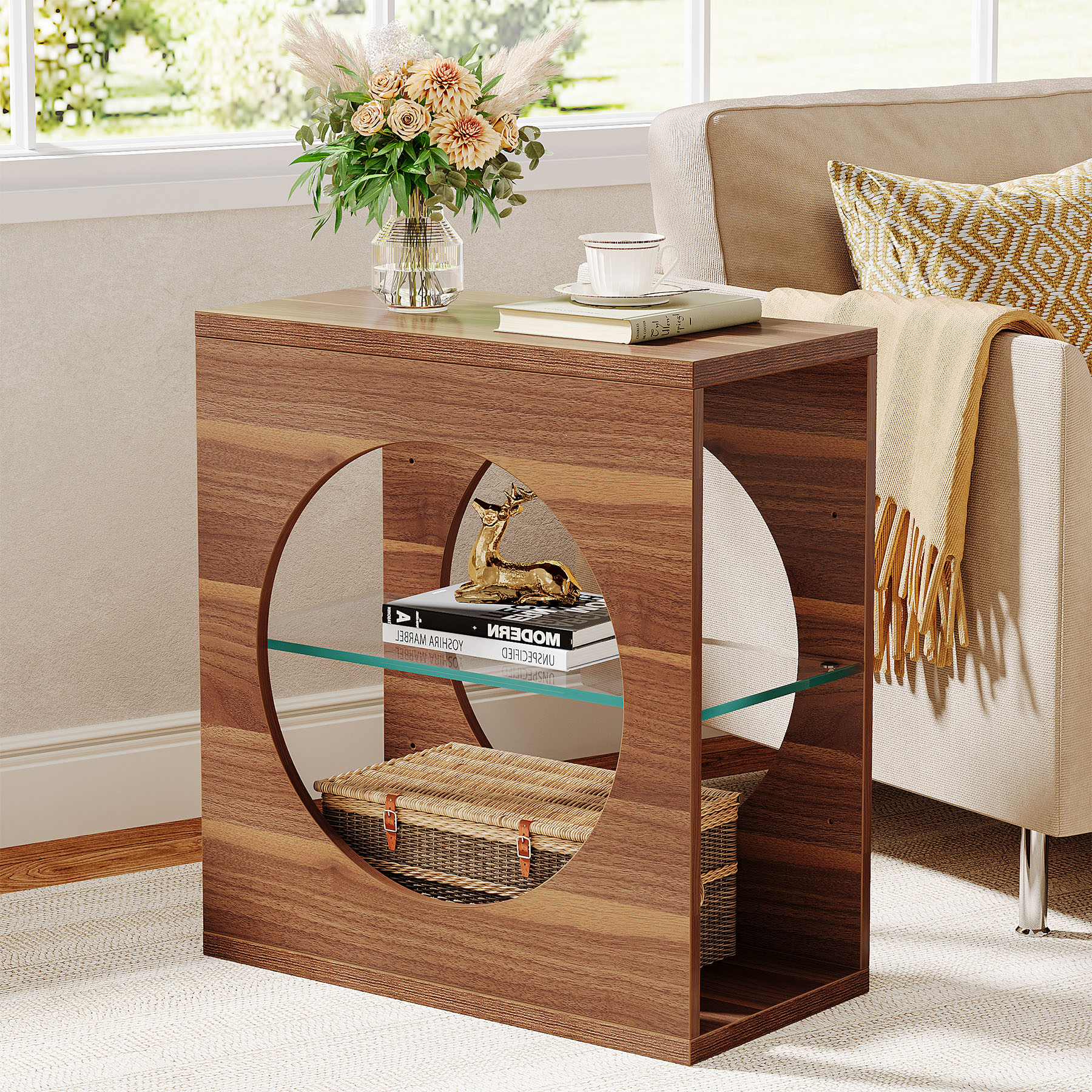 Tribesignss Modern End Table Living Room, 3-Tier Skinny Narrow Sofa Side Table with Adjustable Tempered Glass Storage Shelf