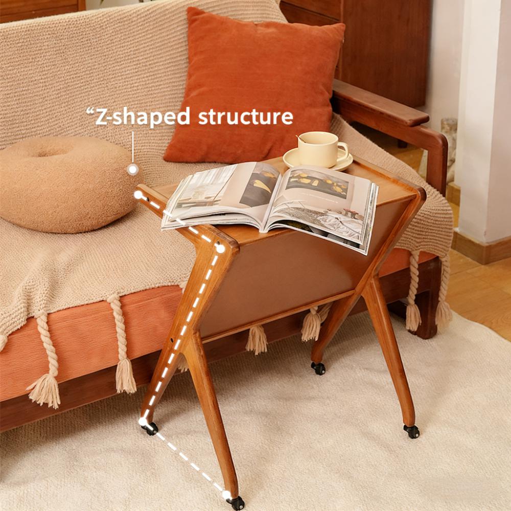 Custom Bamboo Z-shaped Side End Table with Wheels and Open Storage Shelf