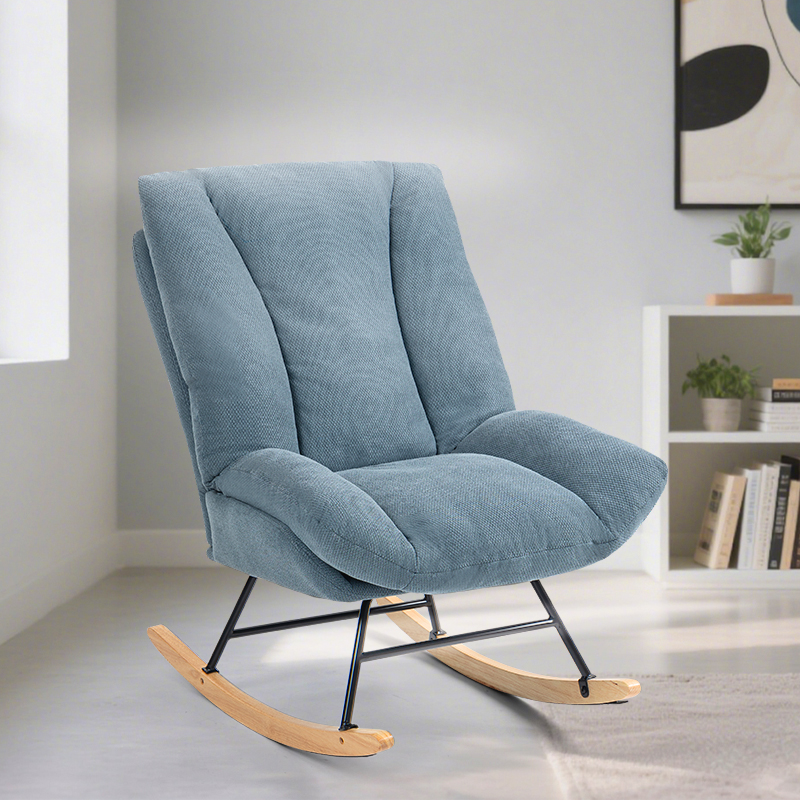 Comfy Light Blue Rocking Chair with Black Metal Frame and Wooden Rockers Living Room Lounge Chair Furniture for Bedroom