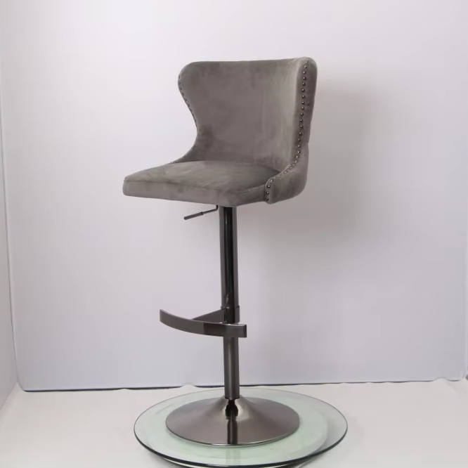 Modern Grey Velvet Bar Stool Adjustable Swivel Counter Height Stool for Kitchen Island &amp; Bar