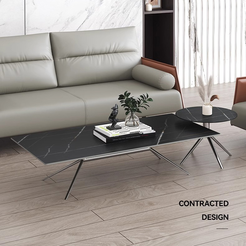 Italian Modern Design Black Rectangle Round Office Sofa End Table With Slate Marble Table Top