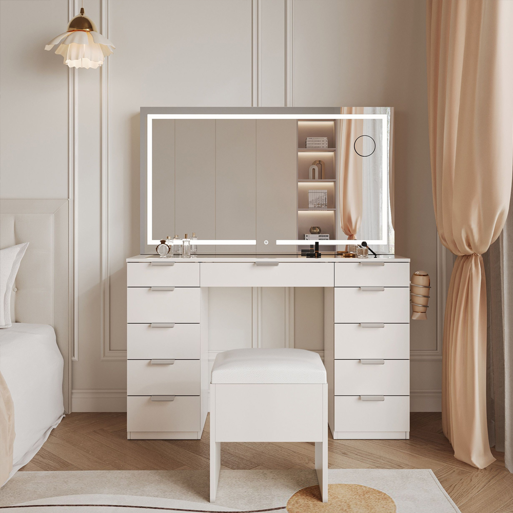 Xichu LED Lighted Vanity Makeup Desk with Large Mirror and Storage Drawers, Modern Wooden Dressing Table Set for Bedroom Hotel