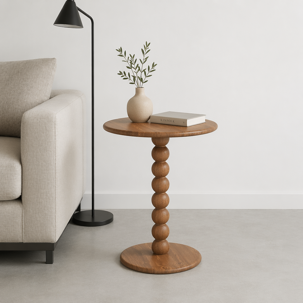 Wood Beaded Pedestal Side Table Farmhouse Round Solid Wood End Table Spindle Bobbin Accent Table Living Room Sofa Side Table
