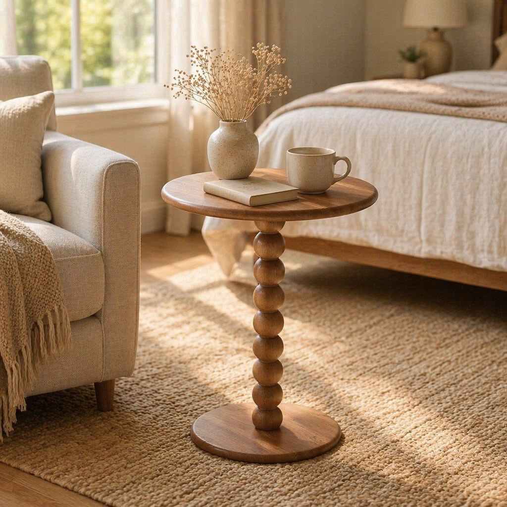 Wood Beaded Pedestal Side Table Farmhouse Round Solid Wood End Table Spindle Bobbin Accent Table Living Room Sofa Side Table