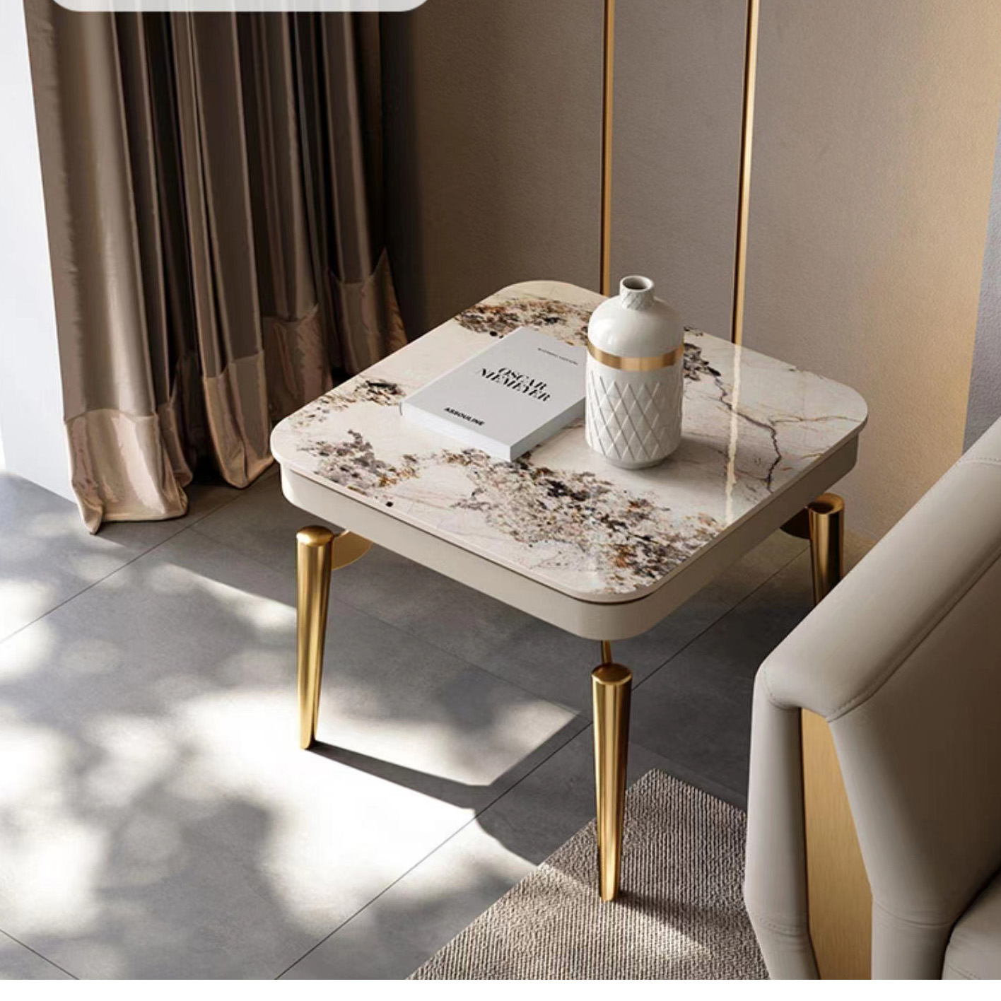 Luxury Design Elegant Side Table Stainless Steel Frame Coffee Table Modern Slate Gold Side Table for Living Room