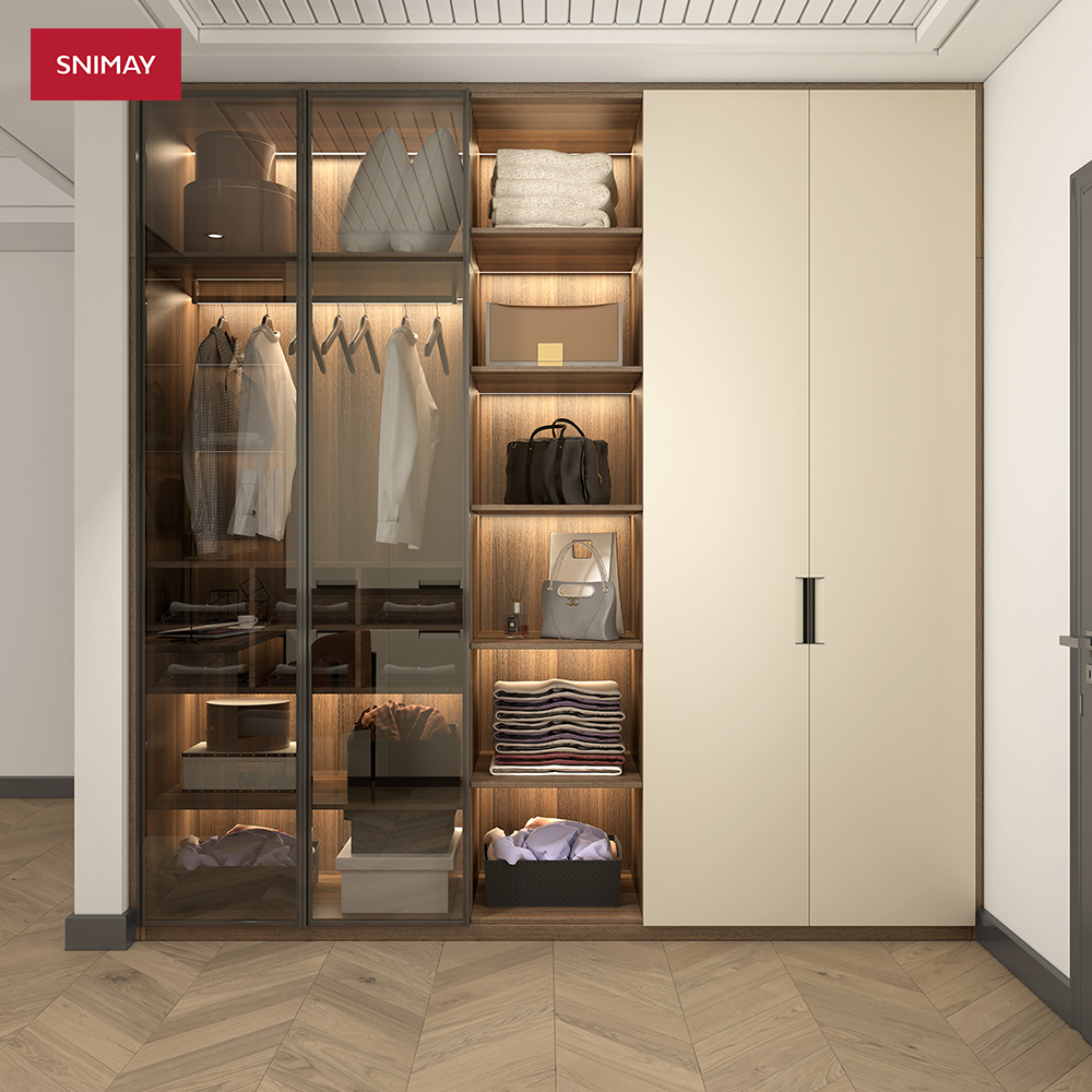Snimay Factory Custom Make Bedroom Furniture New Design Modern Durable Combination Wooden Glass Door Swing Wardrobe Cabinet