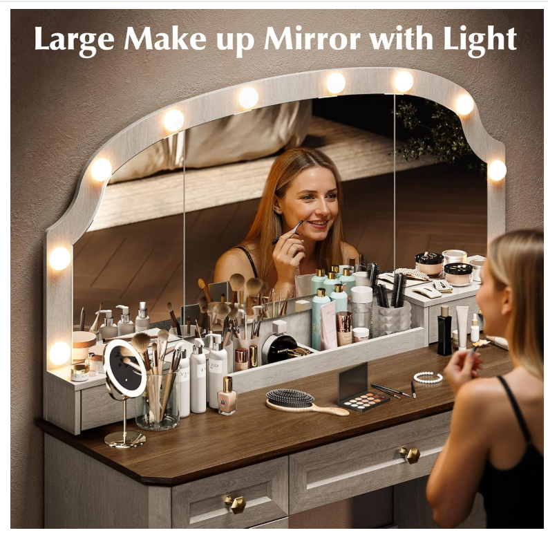WemFeng ODM/OEM Rustic White Vanity Desk Mirror Lights 47'' 8 Drawers 1 Cabinet 2 Organizer Trays Large Dressing Table