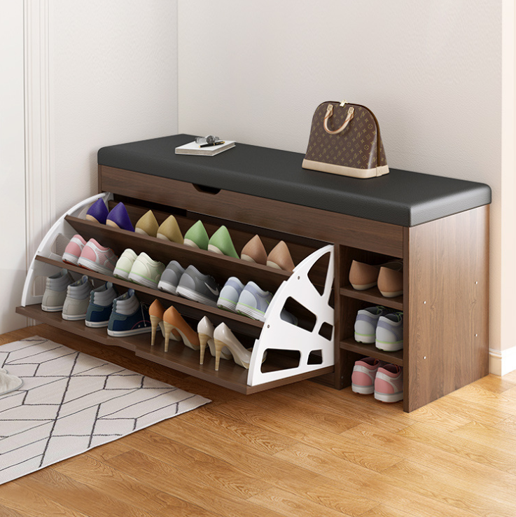 Hanyee 2026 Modern Decorative Bamboo Leather Shoe Storage Bench Simple Style Entrance Area Shoe Cabinet Home Furniture