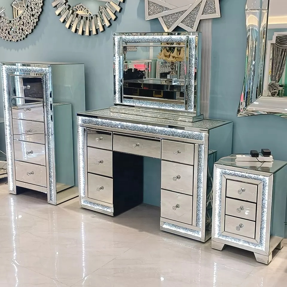 Top Seller Luxury White Mirrored Vanity Table with LED Makeup Mirror Set Mirrored Furniture Dressing Table Desk for Bedroom