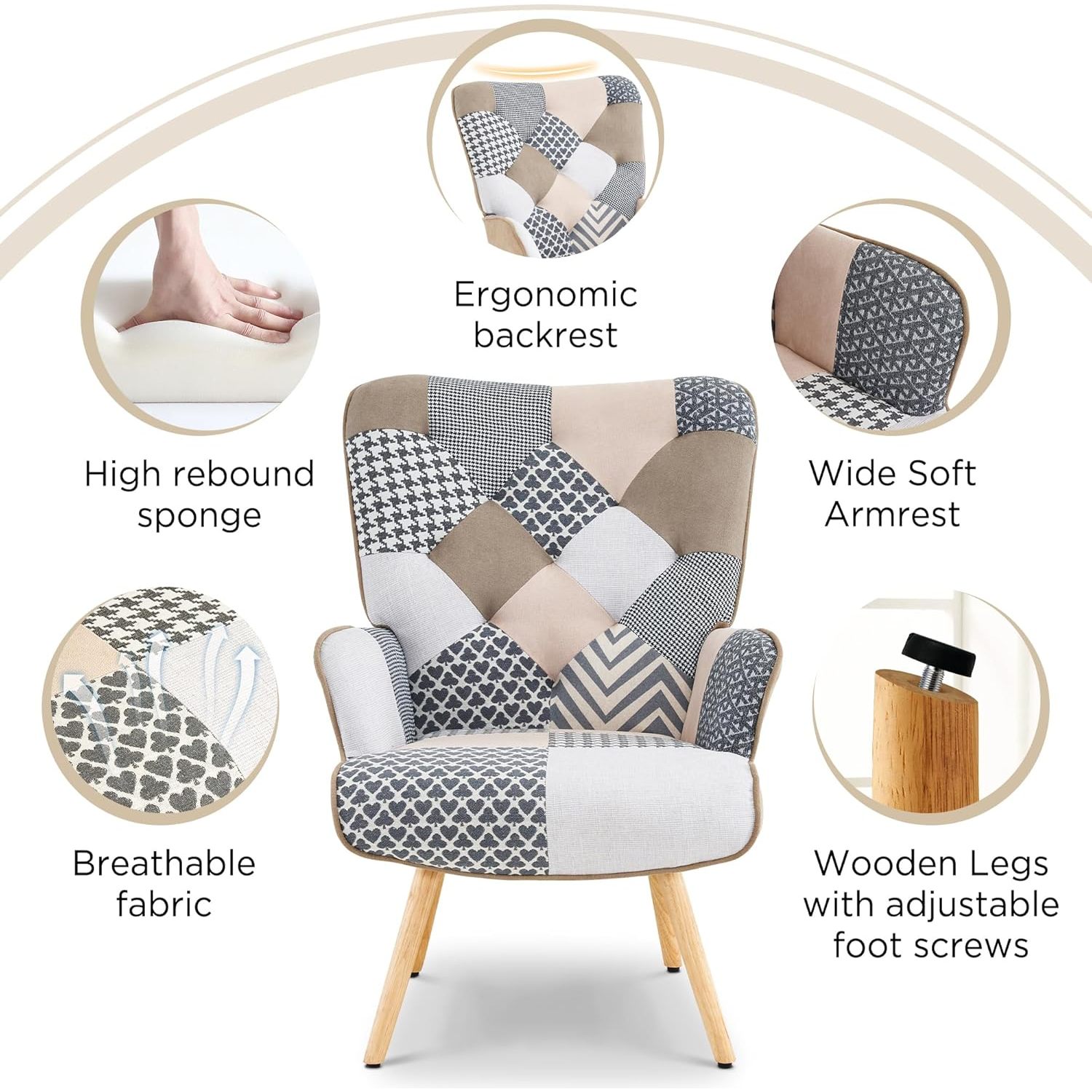 Modern High Back Square Armchair Memory Foam Colorful Patchwork Design Steel Frame Wood Finish Living Room Bedroom Dining Hotel