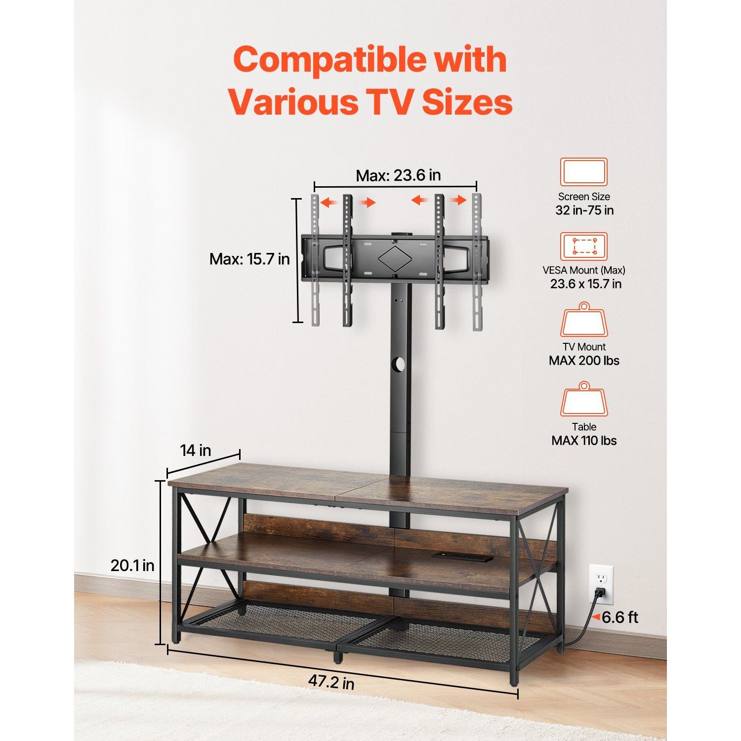 48\" TV Stand with Mount for TVs 75\" Entertainment Center Power Outlet Height Adjustable Console Mount Stand Alone TV Console
