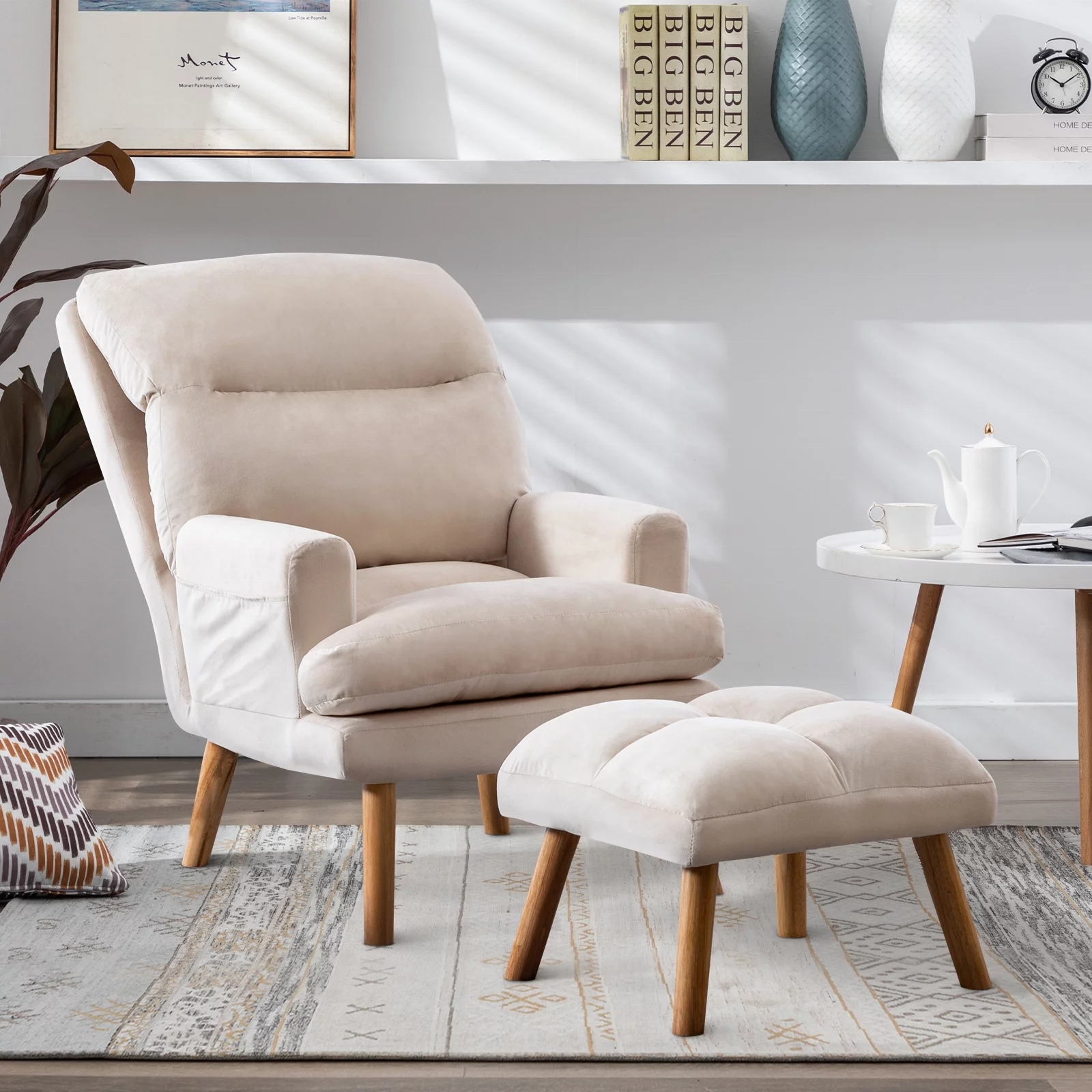 Modern Adjustable Mid century Living Room Furniture Velvet Fabric Arm Accent Lounge Wooden Chairs with Ottoman for Bedroom Sale
