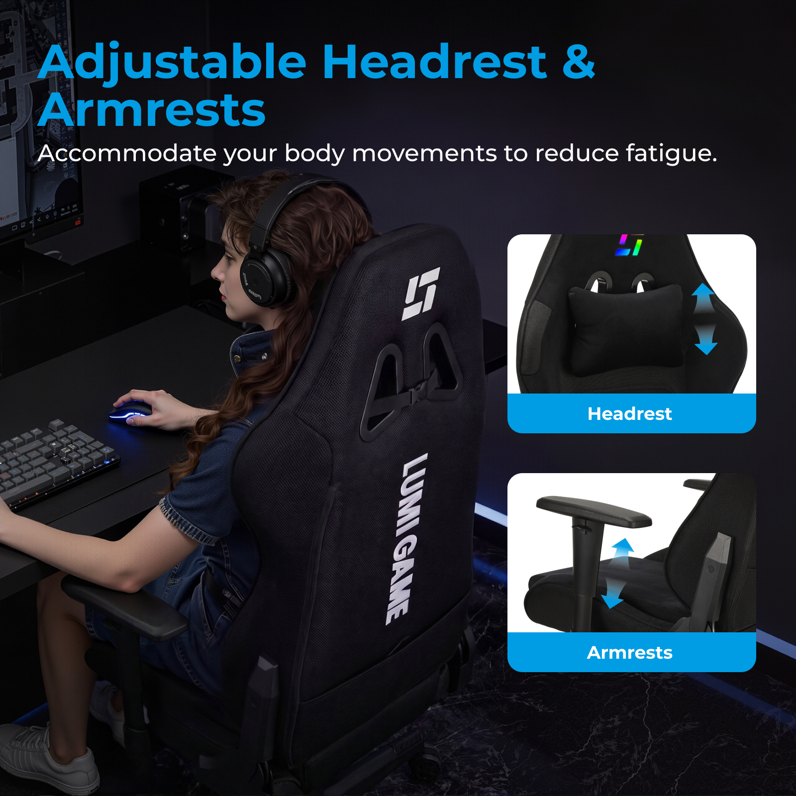 Ergonomic RGB Light Gaming Chair With Customizable Logo Adjustable 4 Gas Lift High Back 155 Degree Reclining Computer Seat