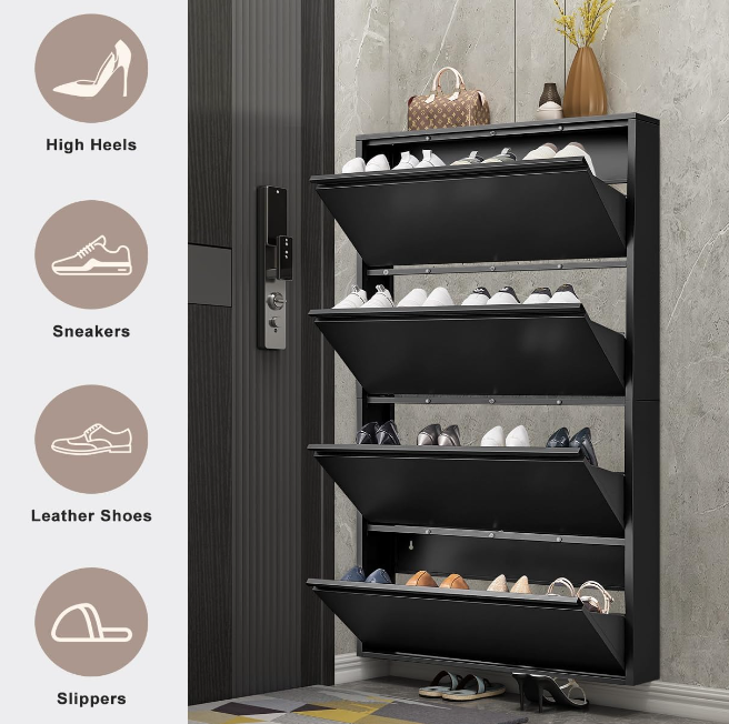 Metal Shoes Cabinet with 4 Flip Drawers, Wall Mount Shoe Organizer for Entryway, 4 Layers Steel Shoe Rack Hidden Shoe Organizer