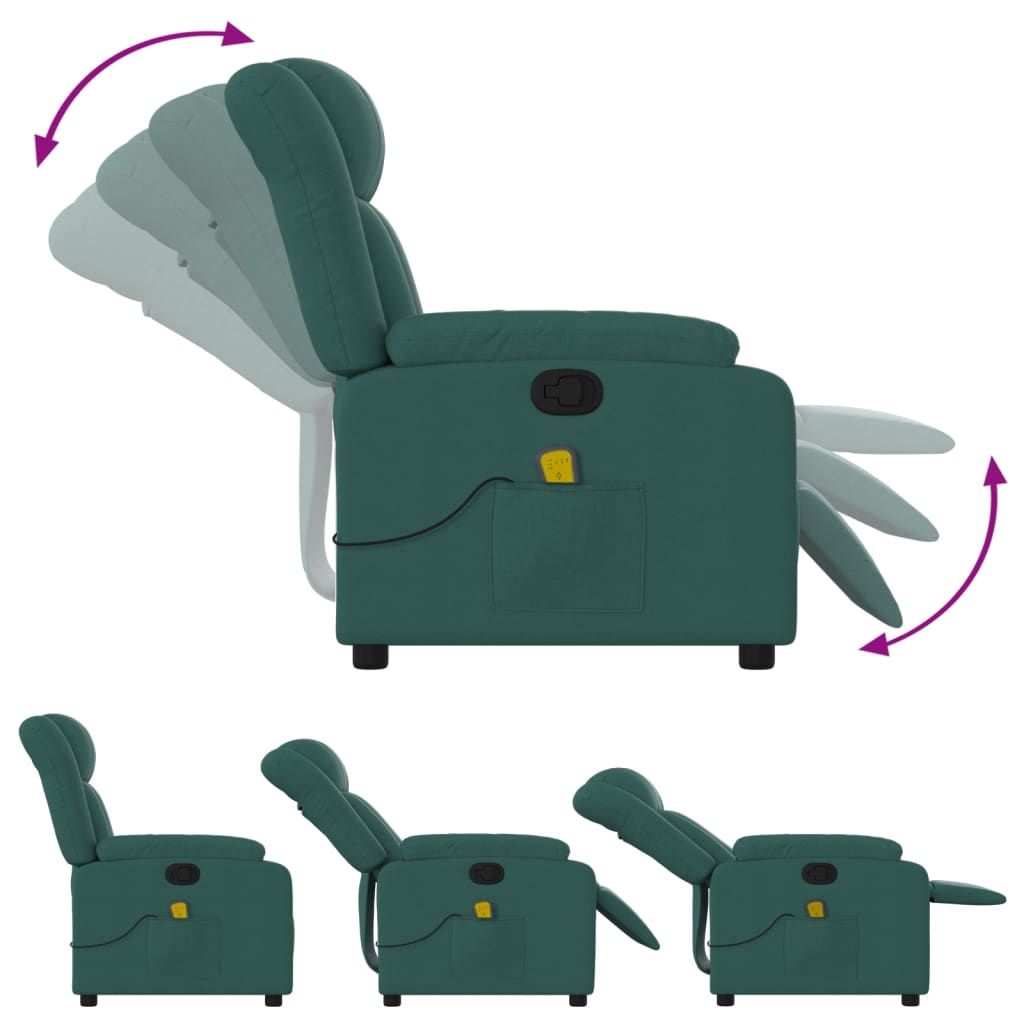 Dark Green Fabric Massage Recliner Chair Armrest Pocket Details