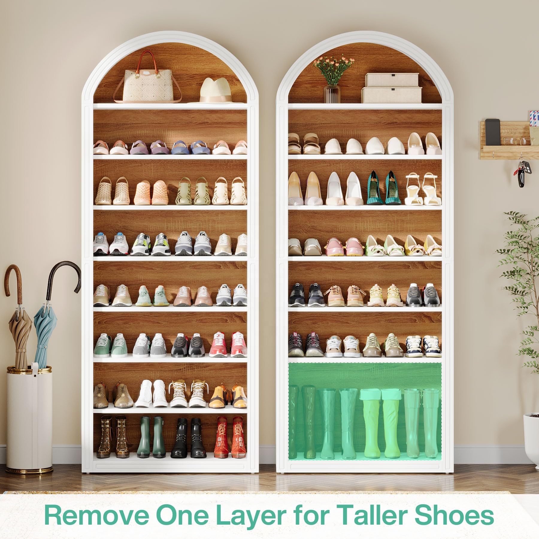 Tall Arched 8-Tier Farmhouse Modern Wooden Shoe Storage Cabinet Freestanding White Convertible Home Furniture for Living Room