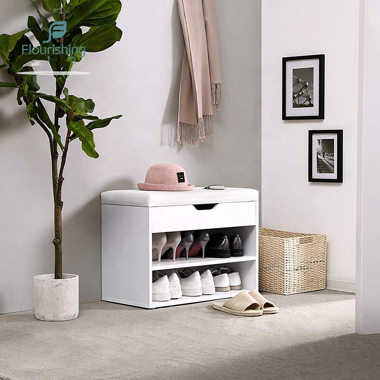 Wholesale Modern Eco-Friendly Living Room White Finish Wooden Entryway Rack Shoe Bench with Cushion