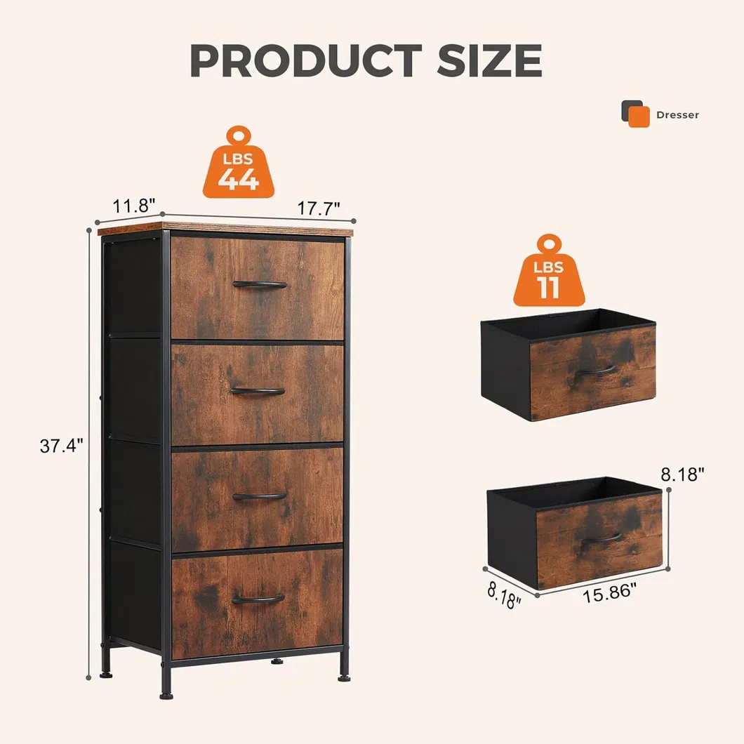 Dresser for Bedroom with 4 Storage Drawers Skinny Fabric Storage Chest of Drawers with Metal Frame Wooden Top for Living Room