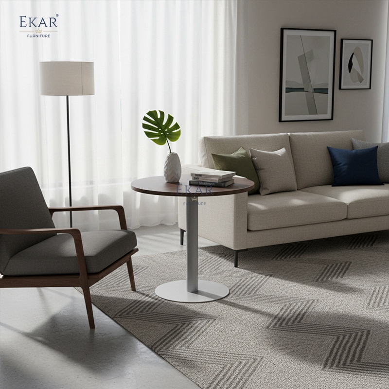 Modern Round Wood &amp; Leather Side Table | Luxury End Table | EKAR Villa &amp; Hotel Living Room Furniture