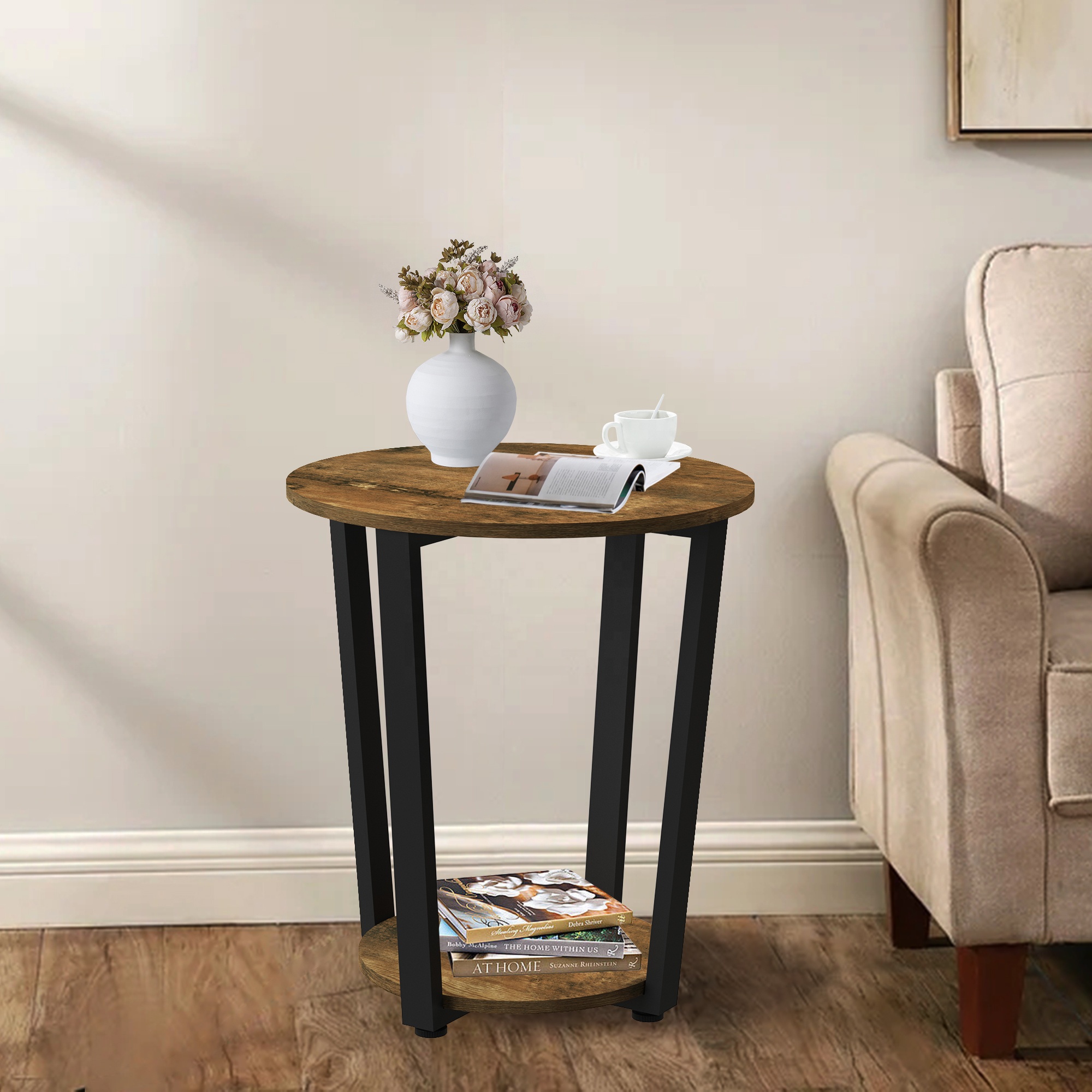 Side Table Small End Table: Round-Shaped Sofa Table with Metal Frame for Living Room, Bedroom, Small Spaces