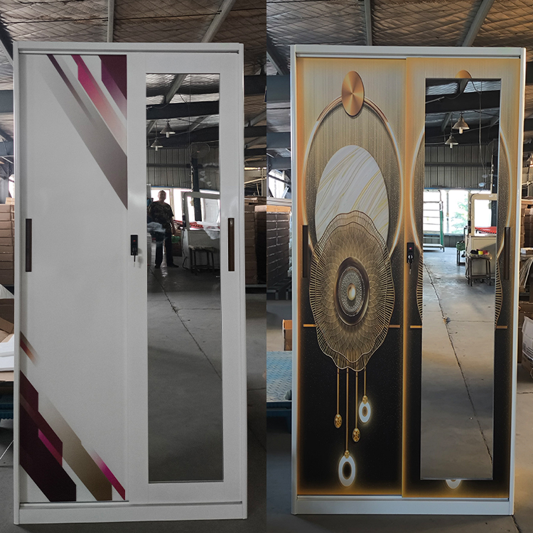 Custom Design Printing Knock Down Iron Cupboard Cloth Storage Bedroom Furniture Metal Mirror Sliding Steel Wardrobe 2 Door