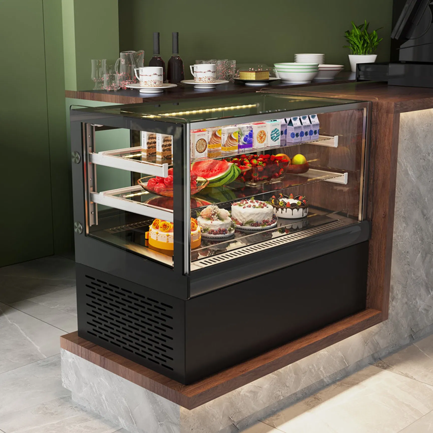 Small-Scale Bakery Display Cooler Square Cake Cabinet with Curve Glass for Cupcakes and Pastry Chocolate Refrigerator