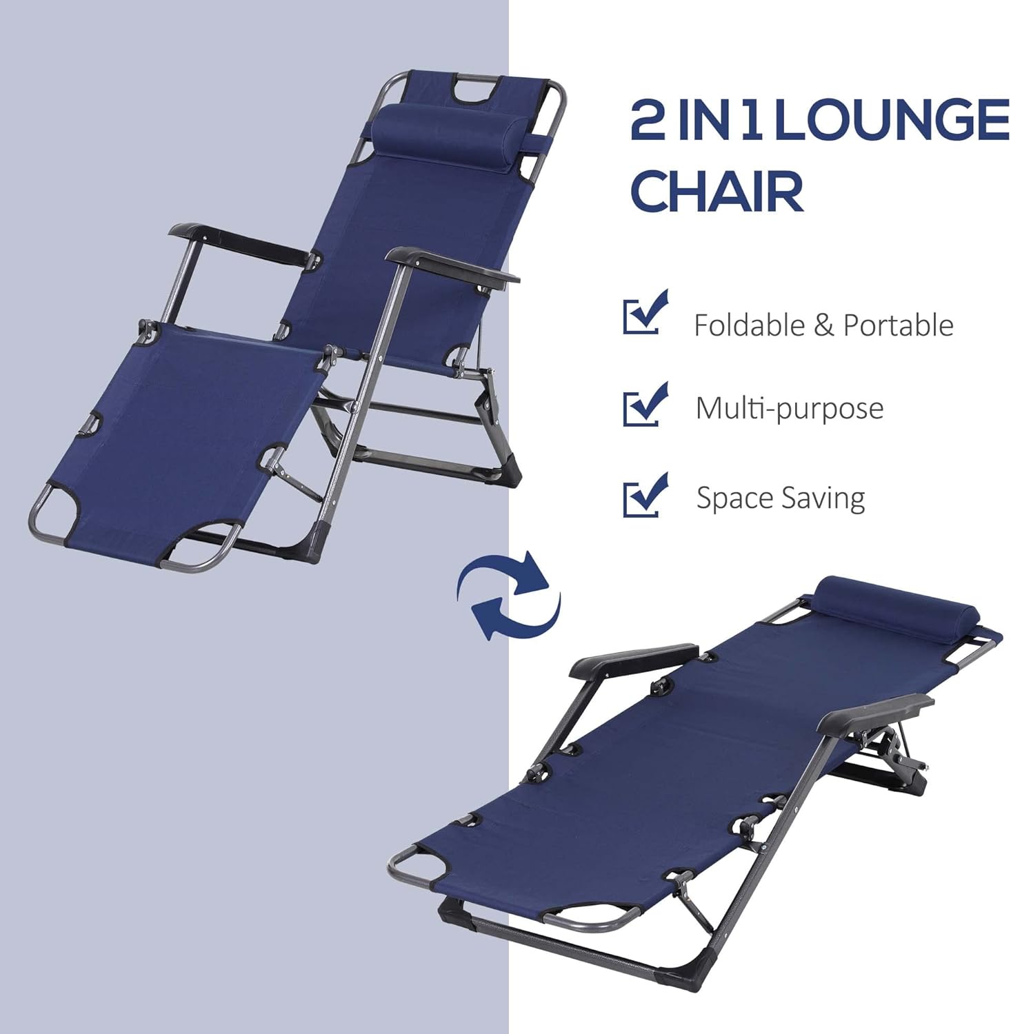 Modern Iron Folding Chaise Lounge Chair Garden Chair Adjustable Backrest Ergonomic Outdoor Pool Beach Patio Lawn Deck Navy