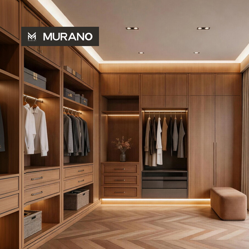 Hot Sale Custom Natural Wood Walk-in Closet Mixed Open Shelves &amp; Closed Cabinets Illuminated Interior Modular Wardrobe