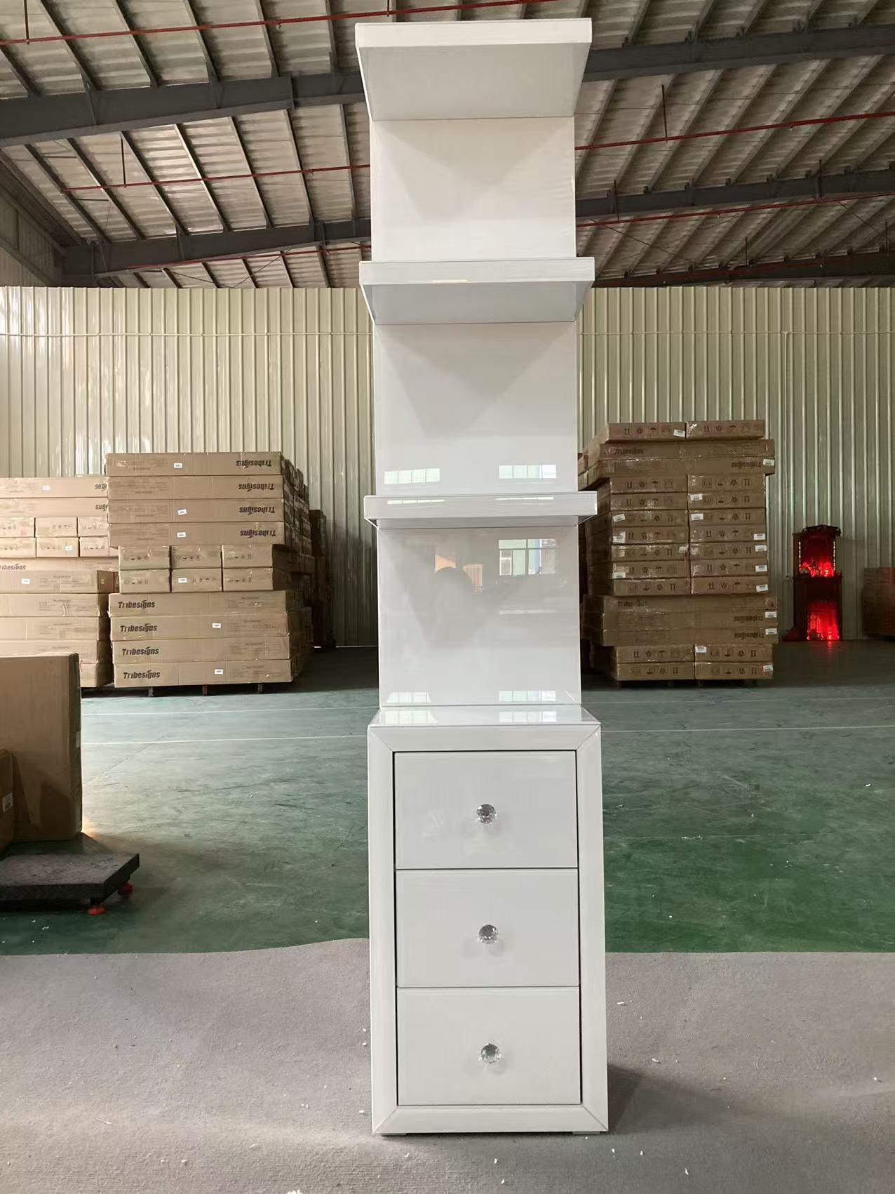 White Glossy Paint Makeup Vanity Table with LED Lighted Mirror, Drawers and Shelves for Bedroom Storage