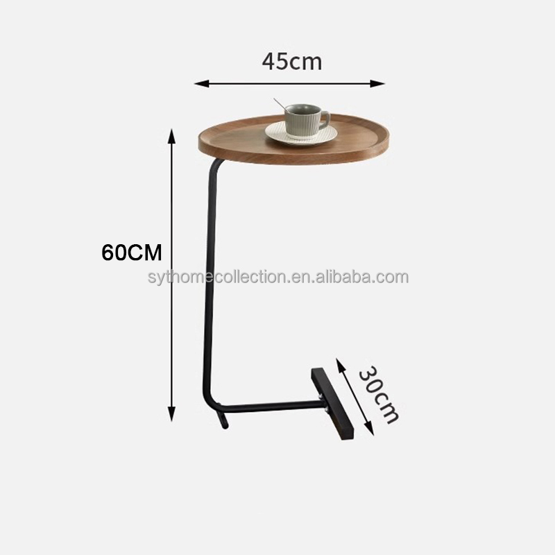 Ready Stock Round Tray Snack Stand Table, MDF Wood Look Top Metal C Frame Slide-in End Table for Sofa Tea Corner