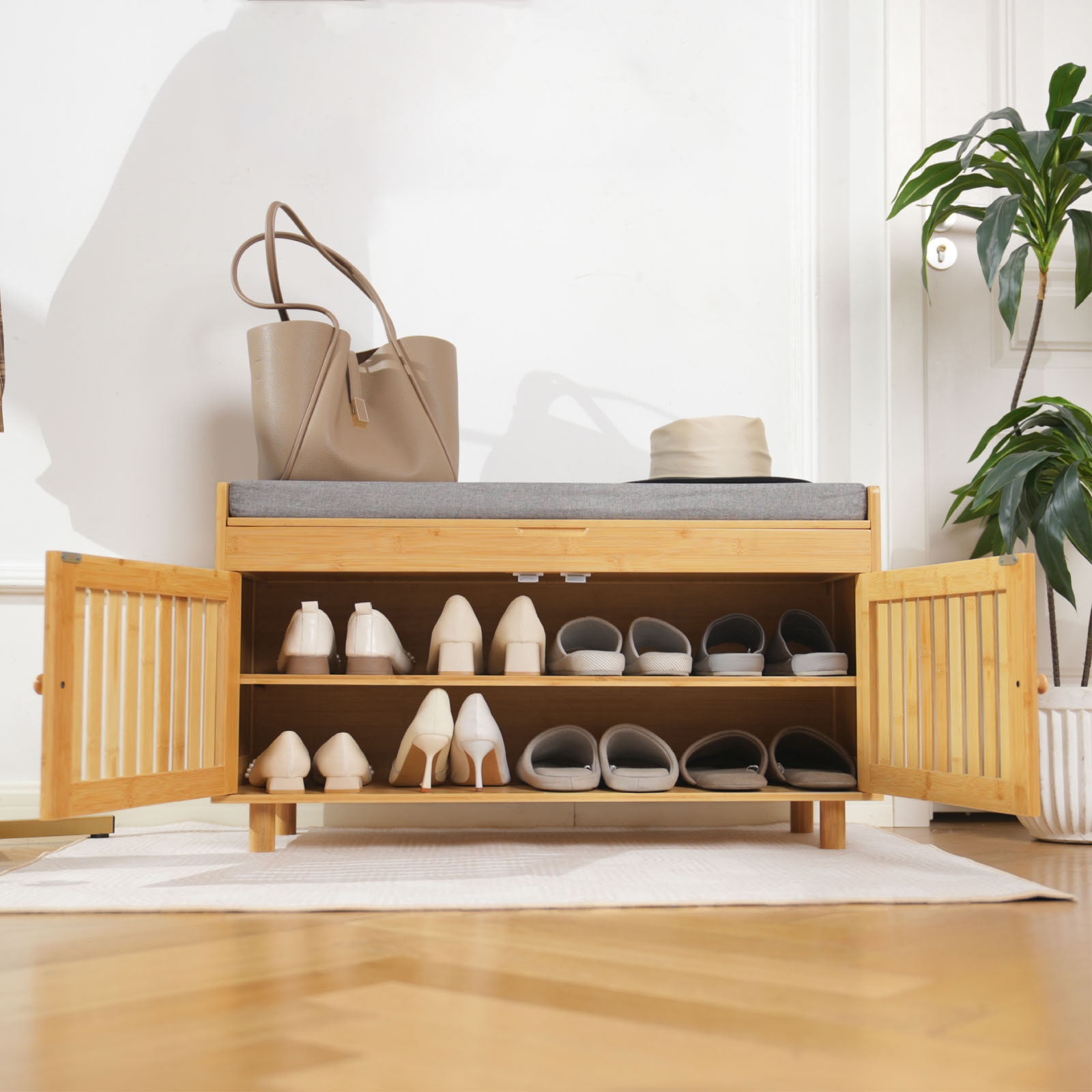 Factory Shoe Storage Bench Organizer Bamboo Entryway Bench with 2 Doors Padded Seat Cushion 2 Tier Shoe Rack Bench Shoe Cabinet