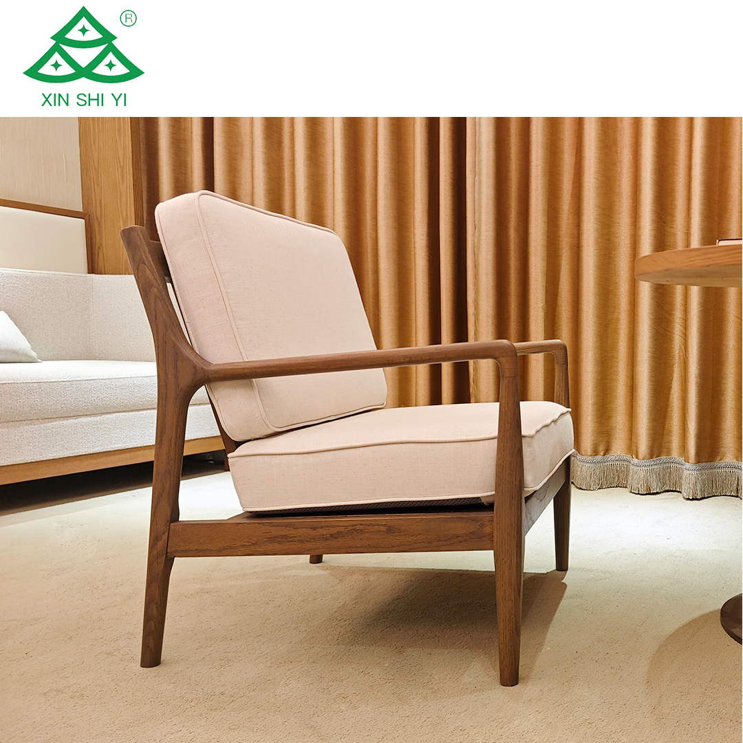 Custom Ash Solid Wood Frame Hotel Chair Indoor Leisure Fabric Cushion Backrest Armchair for Hotel Lobby Bedroom Lounge Chair